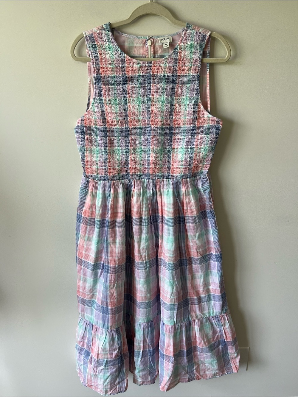 J. Crew Pastel Plaid Smocked Midi Dress in Pink & Blue Tiered Bottom 100% Cotton